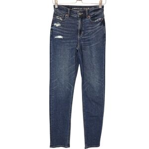 AMERICAN EAGLE Mom Jeans Stretch Distressed Raw Hem Women 0 High Rise Blue Denim